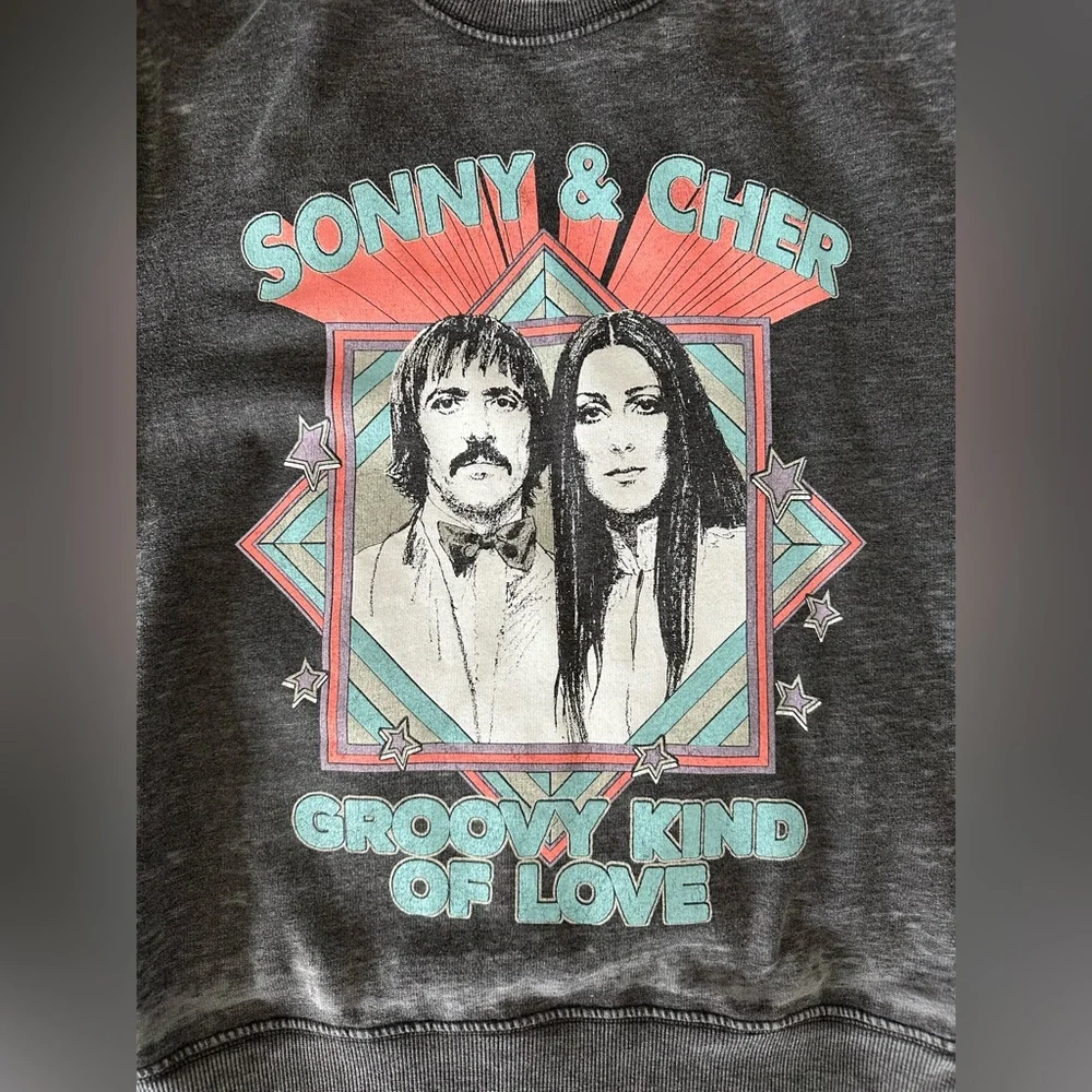 Recycled Karma Grey Burnout Sonny and Cher crewneck Sweatshirt Size Small - Picture 6 of 12